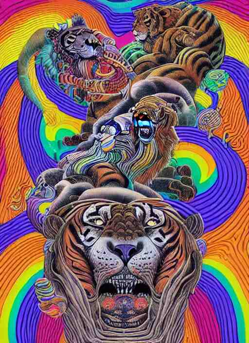 lions and tiger and bears dissolving into melted liquid braids, cubensis, aztec, basil wolverton, r crumb, hr giger, mc escher, dali, muted but vibrant colors, rainbow tubing, ribbons and folds 