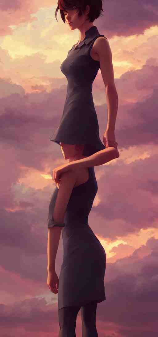 a beautiful british woman with short brown hair, gentle, somber amber eyes, standing on a rooftop, storm in the distance, basic clothing, digital art by makoto shinkai ilya kuvshinov and wojtek fus, digital art, concept art, 