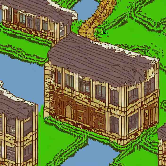 a building in a serene landscape, pixel art 