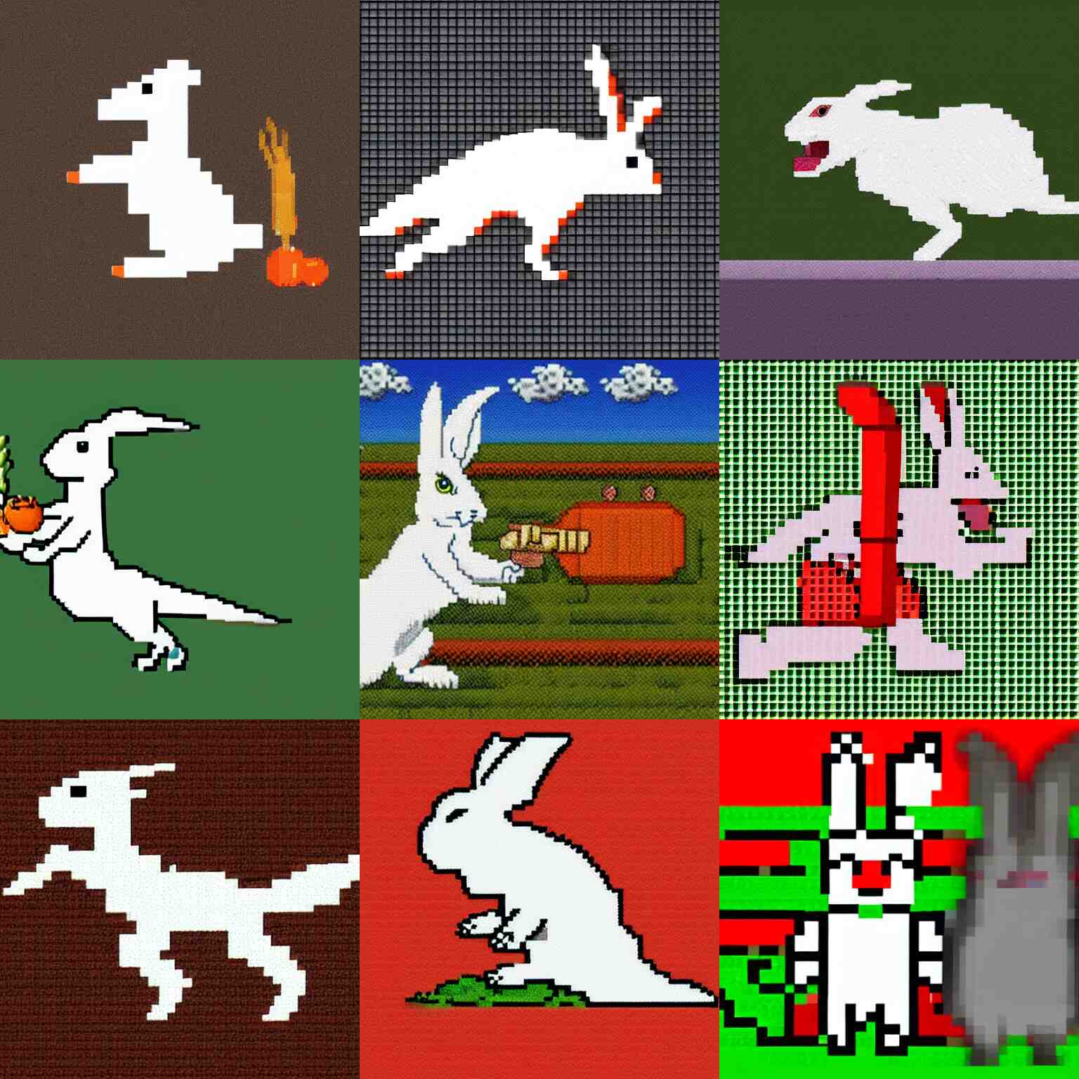 a white hare screaming like a trex because a carrot is missing. pixelart 