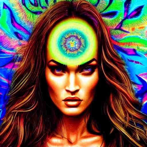 an extremely psychedelic portrait of megan fox, surreal, lsd, face, detailed, intricate, elegant, lithe, highly detailed, digital oth, sharp focus, illustration, 