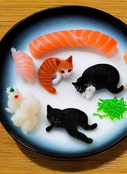 clear surrealist painting of tiny adorable cats made from sushi rice, sitting on sushi plates with sushi, garnish, wasabi and soy sauce 