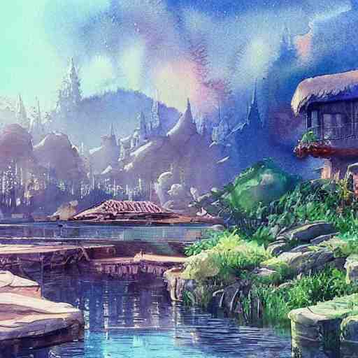 Beautiful happy picturesque charming sci-fi town in harmony with nature. Beautiful light. Water and plants. Nice colour scheme, soft warm colour. Beautiful detailed artistic watercolor by Vincent. (2022)