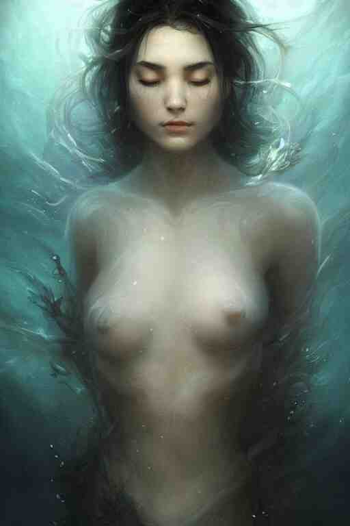 meditation deep in dark murky water!!!, underwater atmospheric mood, asleep and dreaming! cinematic volumetric lights, bust portrait, dnd, fantasy, intricate, elegant, highly detailed, digital painting, artstation, concept art, smooth, sharp focus, illustration, art by artgerm and tom bagshaw and greg rutkowski and alphonse mucha 