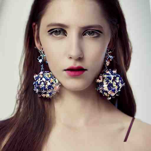 fashion photo, haute couture female model wearing bejeweled scissor earrings:5, bejeweled scissor chest plate:5, bejeweled scissor bracelets:5, hyper realistic, detailed, dramaticly beautiful, 8k, Octane
