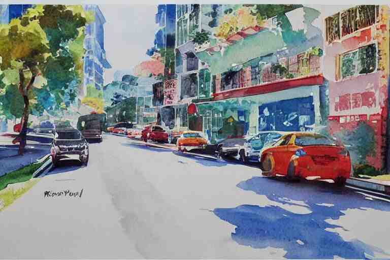 !! watercolor!! penang road in a sunny day, artwork by tooth wu, colorful contrast,!! very coherent!!, dark shadow, thick lineart 