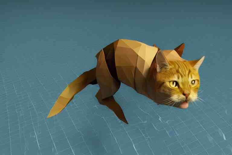 a cat dressed as a scuba diver swimming underwater, low poly, render, blender, low polygon, creepy, vast,