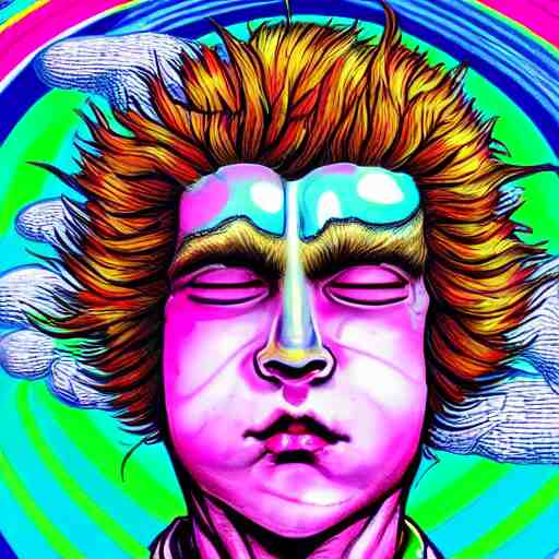 a psychedelic young godlike humanoid, hyper detailed, in the style of rutkowski and junji ito and bob ross and lisa frank, selfie 