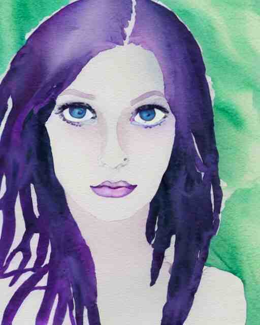 watercolor picture of a beautiful young woman in white dress, looking back at the camera, blue eyes, purple hair, high key, watercolor