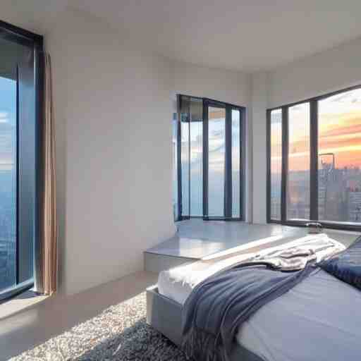 a futuristic furnished bedroom with a large window at sunset, godrays, luxury white bed, warm lighting