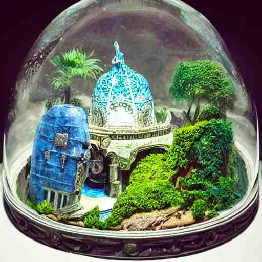 still life painting of a minature tabletop ancient city under a glass dome, by paulette tavormina and clara peeters and willem kalf, cool color - scheme with blues and greens, hyper realistic, super detailed, beautiful lighting 