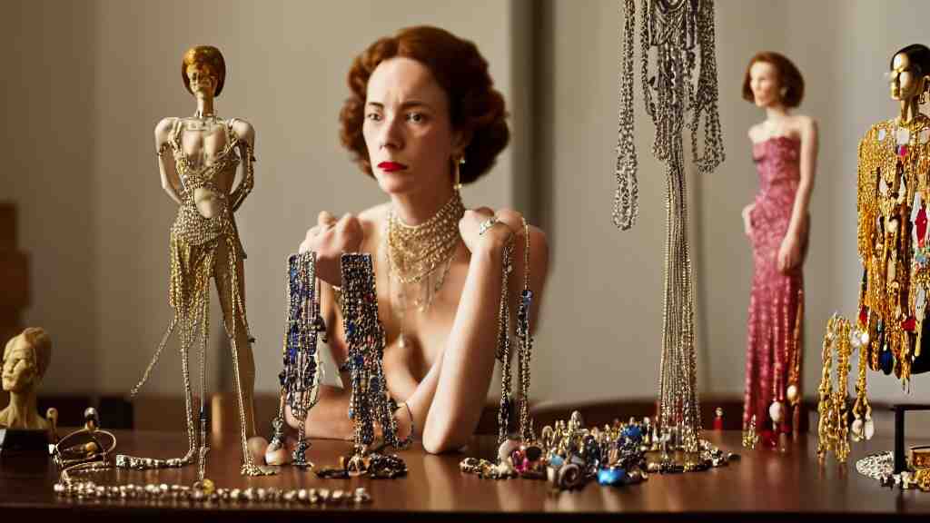 a woman made of jewelry stands in the living room, film still from the movie directed by Denis Villeneuve with art direction by Salvador Dalí, wide lens, 4K, realistic