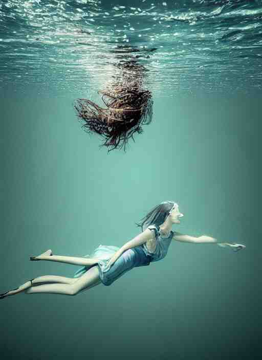 girl in a long dress swimming underwater, caustics, surreal underwater photography