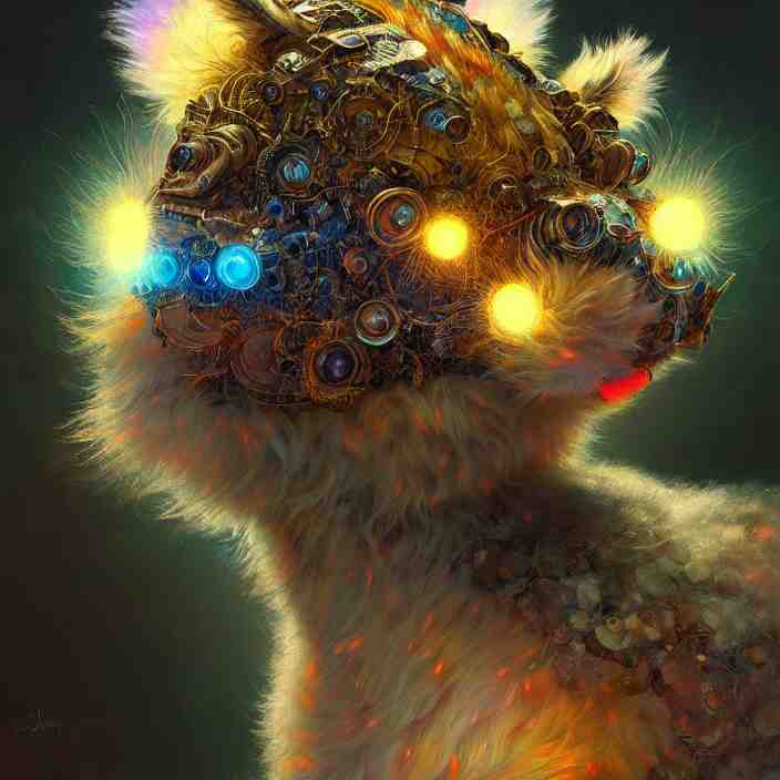 psychedelic fluffy furry animal cyborg, diffuse lighting, fantasy, intricate, elegant, highly detailed, lifelike, photorealistic, digital painting, artstation, illustration, concept art, smooth, sharp focus, art by John Collier and Albert Aublet and Krenz Cushart and Artem Demura and Alphonse Mucha