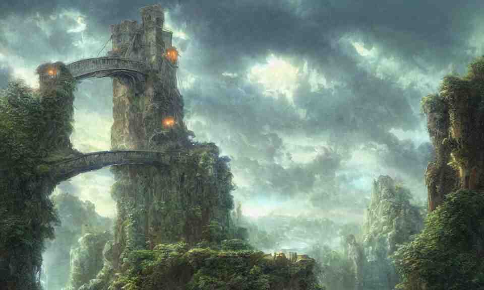 a suspension bridge leading to a small flying island in the sky with the ruins of a tower, stunning digital illustration, by james gurney, cinematic lighting, intense colors, beautiful composition, detailed, mystical, beautiful and mysterious 