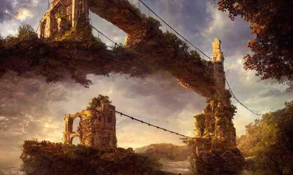 a suspension bridge leading to a small flying island in the sky with the ruins of a tower, stunning digital illustration, by james gurney, cinematic lighting, intense colors, beautiful composition, detailed, mystical, beautiful and mysterious 