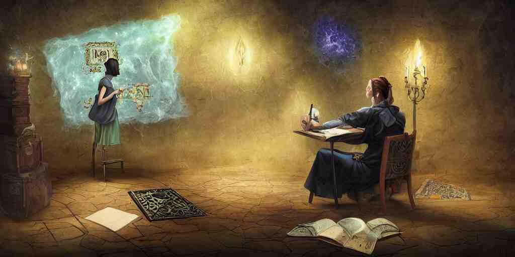 lonely aristocrat examining the mysteries of tarot cards on a magical blackboard, background is magical blackboard with chalk drawings of tarot cards,, fantasy art, matte painting, high quality, digital painting, artwork by tony sart 