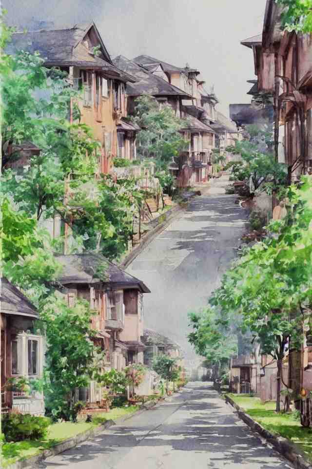 street lined with old residential houses summer watercolor by arti chauhan trending on artstation 