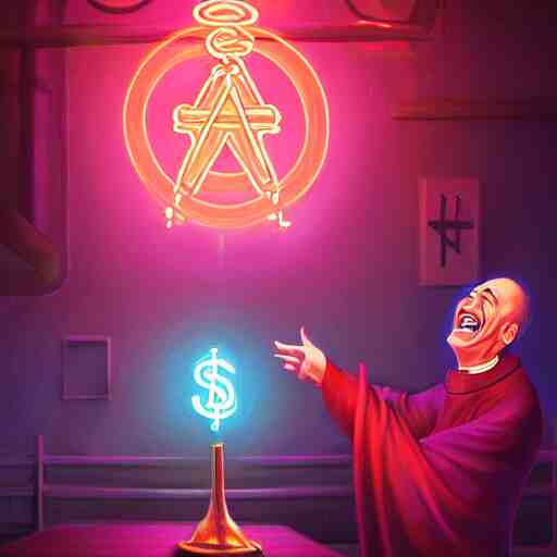 priest laughing while throwing dollar bills in the air in a strip club by mandy jurgens, cartoon, dark backgroun, visionary art, magic symbols, holy halo, neon ambient lighting, high detail, dark vibrant colors 