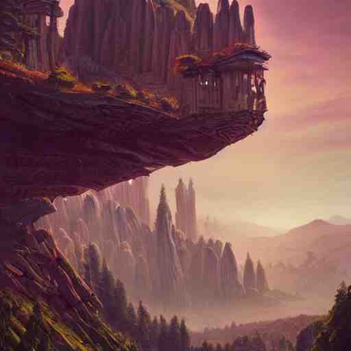 futuristic temple carved into a mountain side, big green trees, colorful clouds, dramatic lighting, artstation, matte painting, raphael lacoste, simon stalenhag, frank lloyd wright 