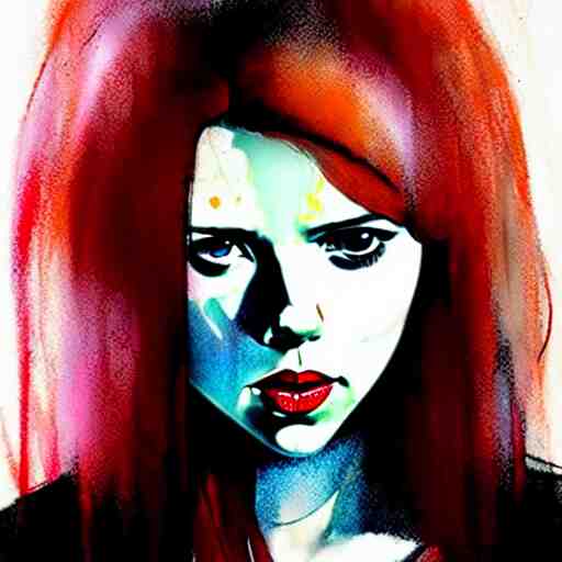 phil noto, pretty scarlett johansson black widow, symmetrical eyes, long red hair, full body, by agnes cecile and moebius and envi bikal, very luminous design, pastel colours, ink drips, autumn lights 