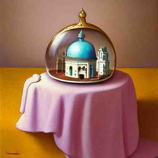 still life painting of a miniature tabletop castle under a glass dome, by paulette tavormina and vermeer, intense pastel colors, hyper realistic, detailed, beautiful bright lighting 