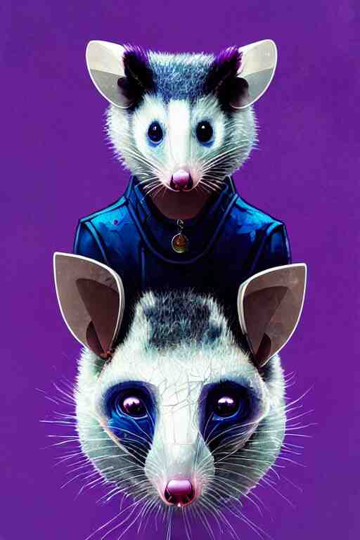 a beautiful portrait of a cute cyberpunk opossum by sandra chevrier and greg rutkowski and wlop, purple blue color scheme, high key lighting, volumetric light, digital art, highly detailed, fine detail, intricate, ornate, complex, octane render, unreal engine, photorealistic 