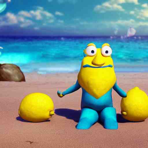 a supercute lemon cartoon character, that is fit and good looking, it's is relaxing on a beach, inspired by dalle - 2, octane render, 3 d, volumetric lightening, 