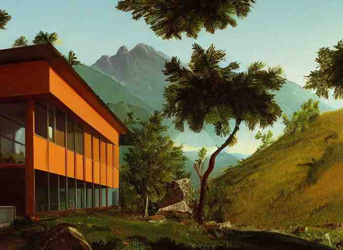 painting of a richard neutra house in front of beautiful mountains by thomas cole 