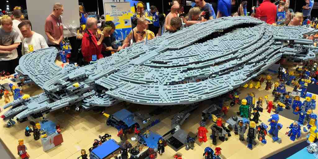 wide shot lens photo of a very intricately detailed and epically shaped 1. 2 5 m long alien lego mothership ufo kit designed by a master builder as displayed at a lego convention. 