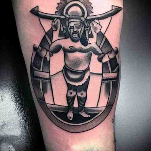 medium shot of a gladiator wearing a galea, tattoo, tattoo art, Black and grey tattoo style