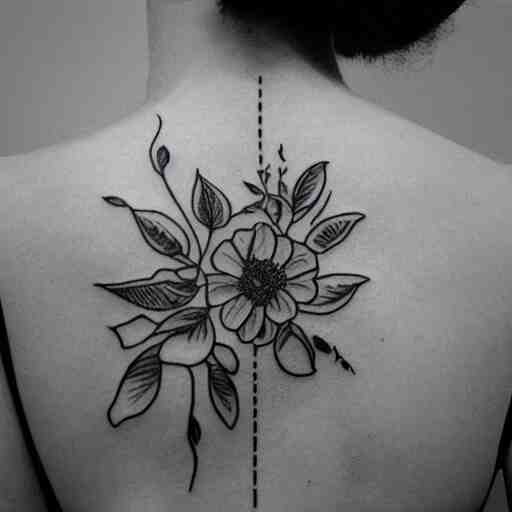 photograph of a floral tattoo, line drawing, black ink, minimalist, photo - realistic 