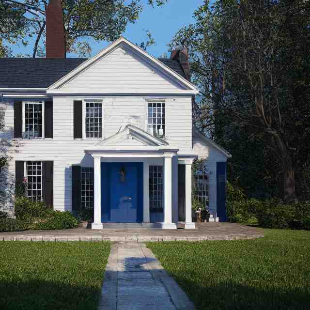 modern new england colonial house with a round blue door, brick cape house, realistic, unreal engine render, octane render, hyper realistic, photo, 8 k 