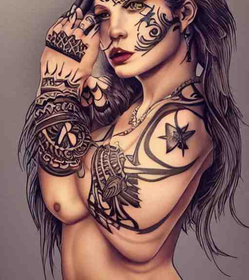 tattoo design on white background of a beautiful girl warrior, hyper realistic, amazing detail, inspired by eliot kohek 