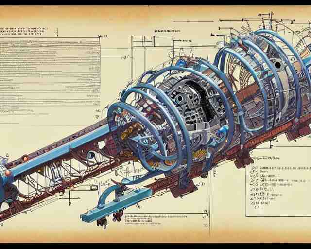 a full page of a mechanical blueprint showing a cutaway design for a mechanized brontosaurus from howl's moving castle ( 2 0 0 4 ), with people inside piloting it, muted colors, post grunge, studio ghibli, hq, 