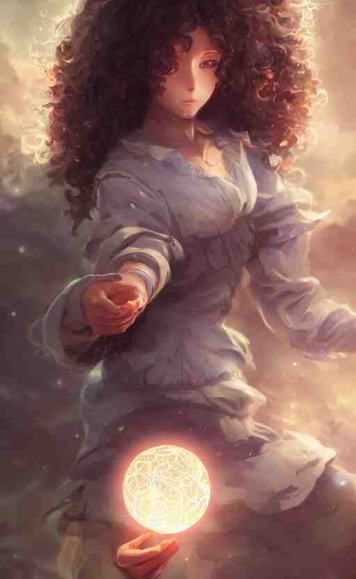 anime girl with curly hair holding a magical orb, WLOP, concept art, digital painting, trending on artstation, highly detailed, epic composition, 8k UHD