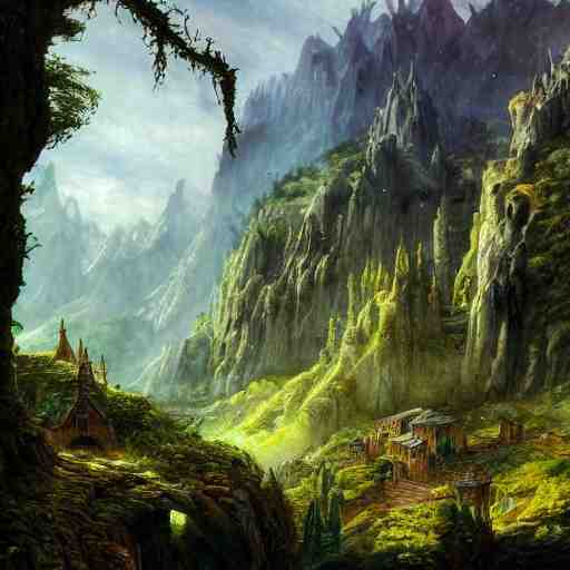 a beautiful and highly detailed epic oil painting of an elven city in the mountains, lush valley, beautiful trees, ancient stone runes, intricate details, epic scale, insanely complex, 8 k, sharp focus, hyperrealism, fantasy landscape, psychedelic, by caspar friedrich, brian froud, albert bierstadt, 