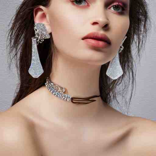 fashion photo, haute couture female model wearing bejeweled scissor earrings:5, bejeweled scissor chest plate:5, bejeweled scissor bracelets:5, hyper realistic, detailed, dramaticly beautiful, 8k, Octane