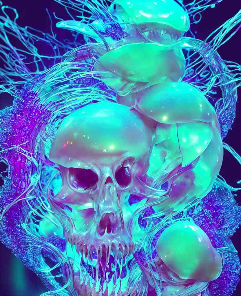 close-up portrait of skull dichroic orchid jellyfish skull, betta fish, bioluminiscent creatures, intricate artwork by Tooth Wu and wlop and beeple. octane render, trending on artstation, greg rutkowski very coherent symmetrical artwork. cinematic, hyper realism, high detail, octane render, 8k