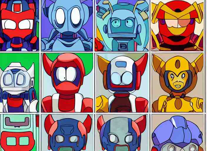 a 3 - by - 3 grid of 9 framed closeup face portraits of cute evil robots, in the style of mega man. 