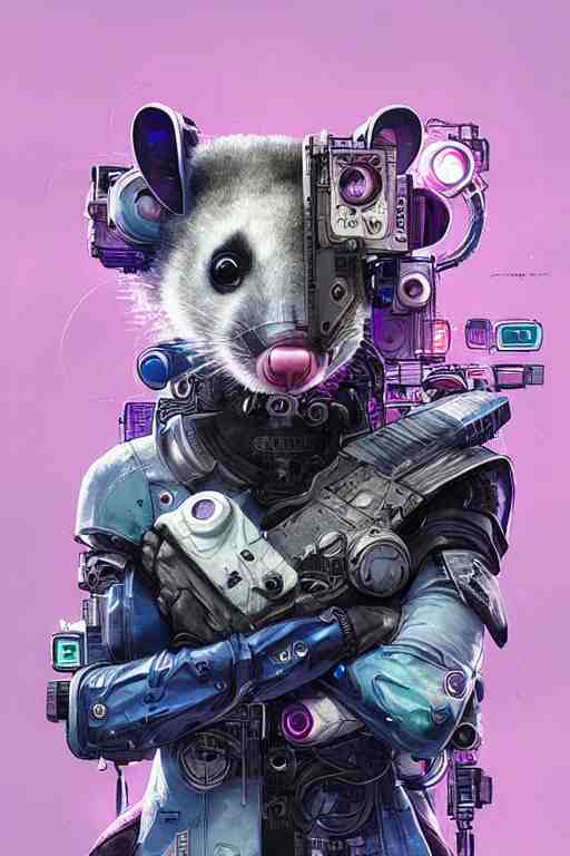 a beautiful portrait of a cute cyberpunk opossum by sandra chevrier and greg rutkowski and wlop, purple blue color scheme, high key lighting, volumetric light, digital art, highly detailed, fine detail, intricate, ornate, complex, octane render, unreal engine, photorealistic 