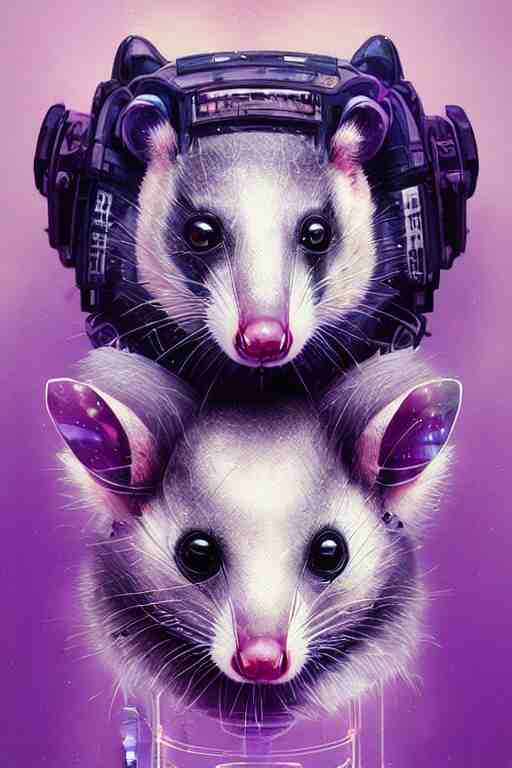 a beautiful portrait of a cute cyberpunk opossum by sandra chevrier and greg rutkowski and wlop, purple blue color scheme, high key lighting, volumetric light, digital art, highly detailed, fine detail, intricate, ornate, complex, octane render, unreal engine, photorealistic 