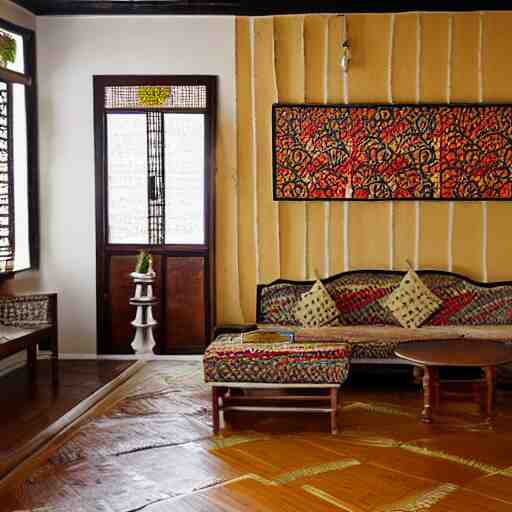 living room interior design with assamese traditional gamosa textured furniture, mekhela sador motif design pattern walls and floor, teak table, japandi, ikea, sunny, warm wood, urban jungle plants, small kitchen table, indian antique chairs, round mirror on the wall, light - brown wall, mid - century sofa indian architecture 