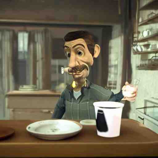 mr. house on the screen holds a faceted glass of milk in one of the manipulators, realism, reflections, metal body, in the kitchen, in the style of fallout 4, 