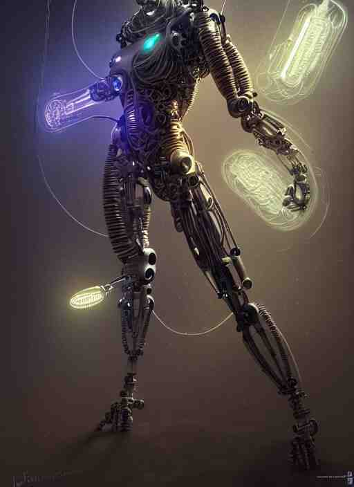 cyborg recharging in a computer lab connect to cables, diffuse lighting, fantasy, intricate, elegant, highly detailed, lifelike, photorealistic, digital painting, artstation, illustration, concept art, smooth, sharp focus, art by John Collier and Albert Aublet and James jean and Brian froud and ross tran and Artem Demura and Alphonse Mucha