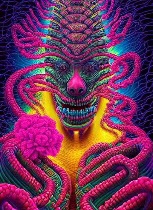 hyper detailed ultra sharp 3 d render like a oil painting aztec serpent warrior trance man seen eating of the strangling network of yellowcake aerochrome and milky fruit and his delicate hands hold of gossamer polyp blossoms bring iridescent fungal flowers whose spores black the foolish stars by jacek yerka. trending on artstation, warpaint aesthetic, earthwave, colorful, neon, ornate, intricate, digital painting, concept art, smooth, sharp focus, illustration, art by artgerm and greg rutkowski and h. r. giger, 8 k 