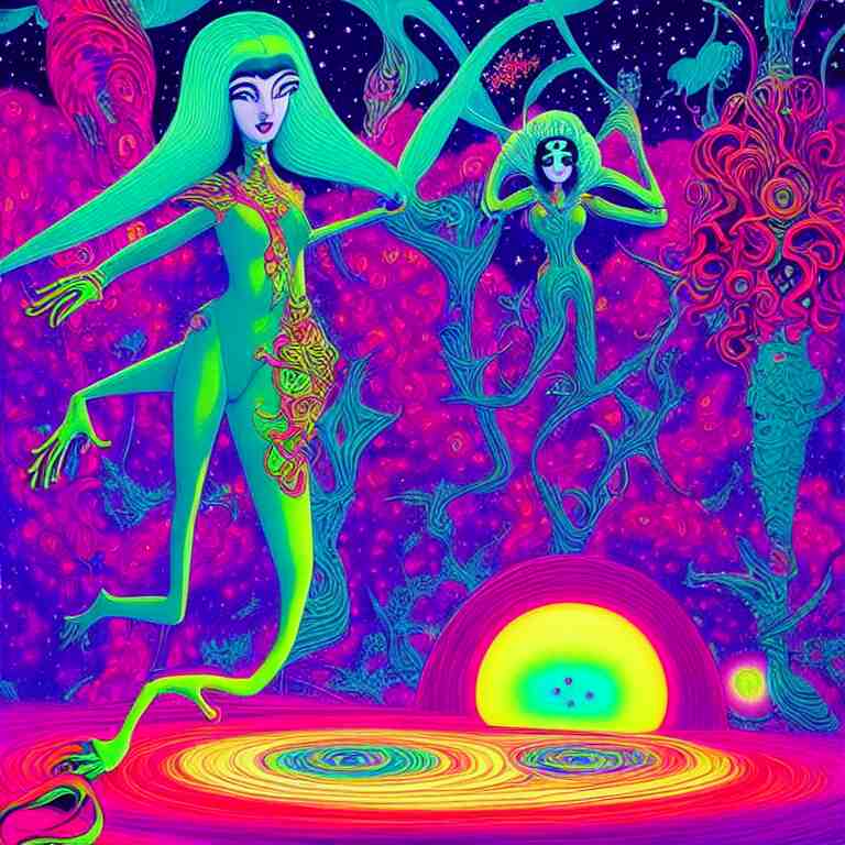 cosmic girl, infinite fractal dimensions, bright neon colors, highly detailed, cinematic, eyvind earle, tim white, philippe druillet, roger dean, lisa frank, aubrey beardsley 