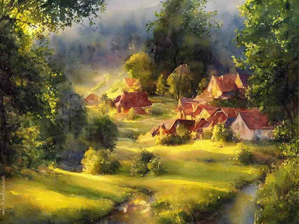A beautiful night in the swedish countryside, watercolor painting by Vladimir Volegov