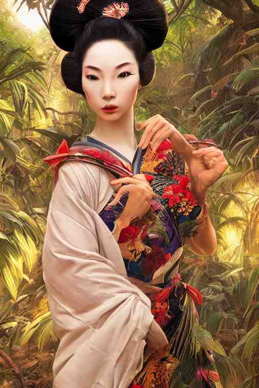 stunningly beautiful, peruvian geisha prima ballerina in jungle, symmetrical face, golden hour, smooth, focus, highly detailed, hyper realistic, dramatic lighting, elegant, intricate, concept art, art by wlop, mars ravelo, greg rutowski, artstation 