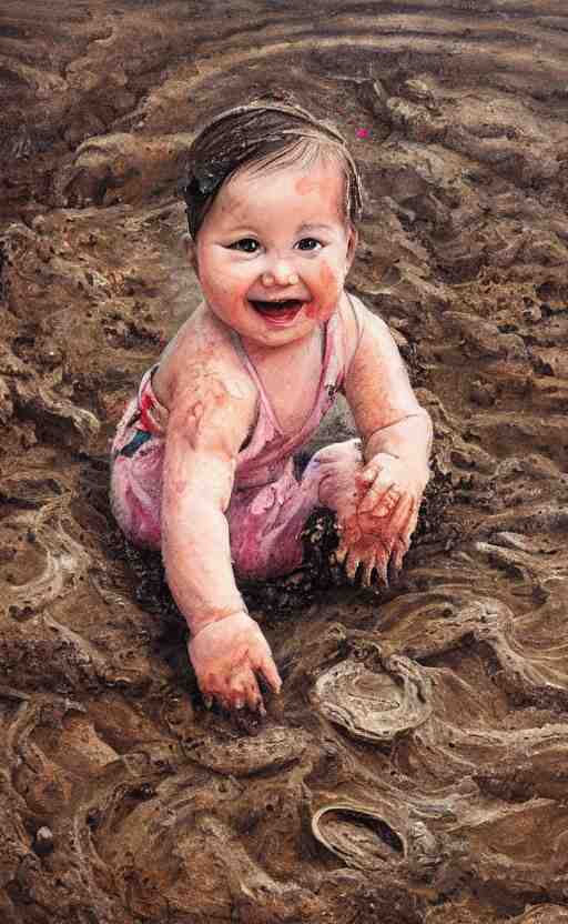 beautiful detailed painting of a baby crawling in the mud. the baby is smiling and happy, and wearing small wellies. vibrant, high quality, very funny, beautiful, hq. hd. 4 k. award winning. trending on artstation 